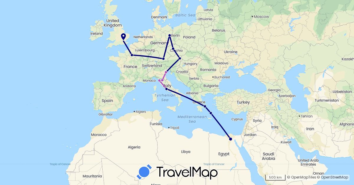TravelMap itinerary: driving, plane, train in Austria, Czech Republic, Germany, Egypt, France, United Kingdom, Greece, Italy (Africa, Europe)